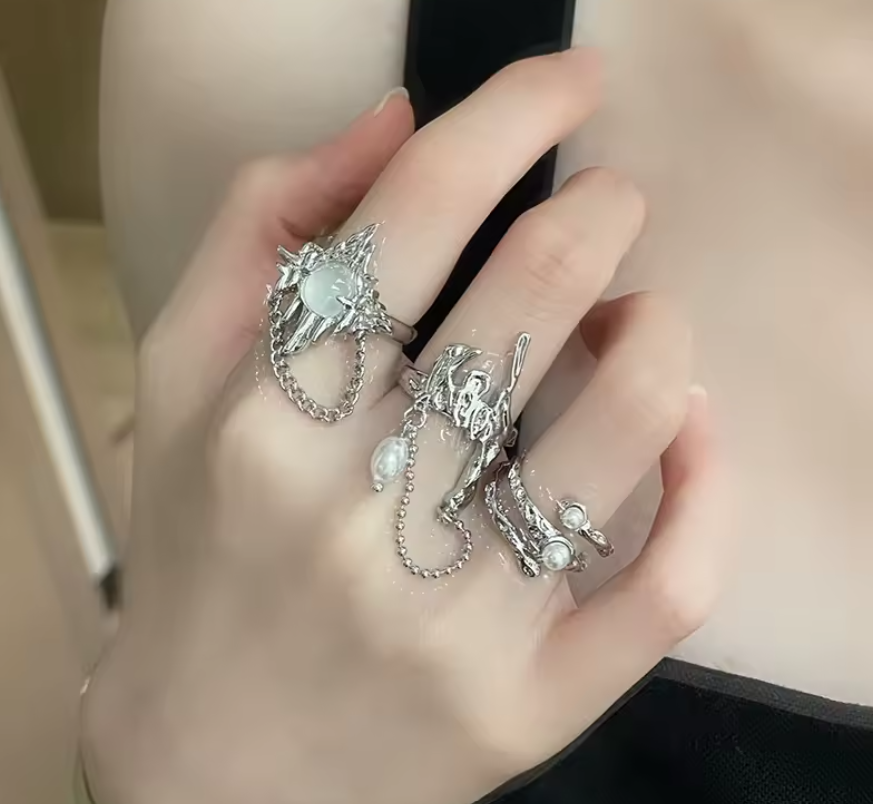 Vintage Pearl Adjustable Ring Silver full Set